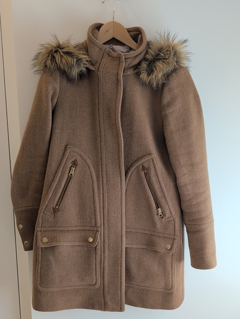 J. Crew Tan Wool-Blend Hooded Pea Coat with Faux-Fur Trim Size 4